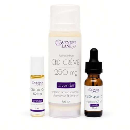 Lavender Lane CBD Lover's Gift Set — CBD Crème, Roll-On, and tincture on white