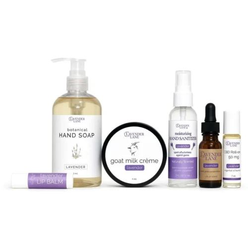 Lavender Lover's Gift Set: hand soap, goat milk creme, hand sanitizer, lavender oil, CBD roll-on and lip balm
