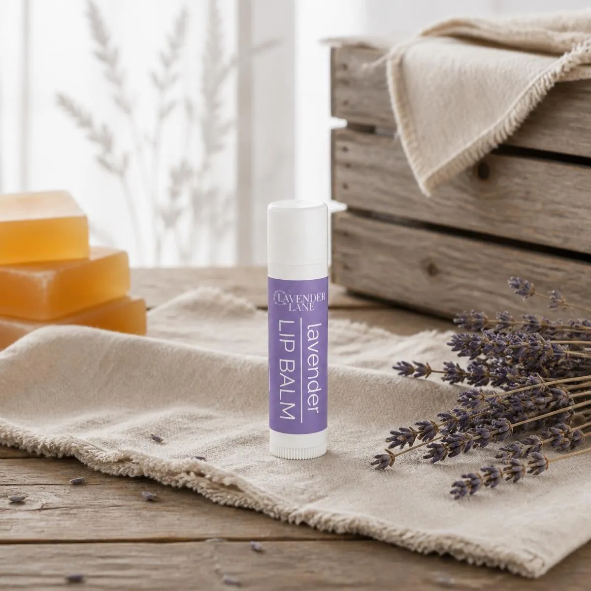 Lavender Lane lip balm styled linen lavender